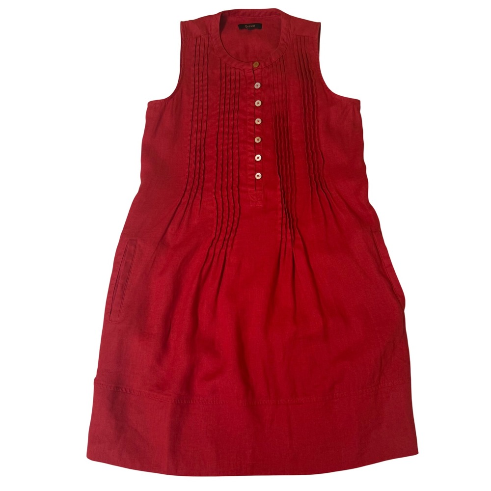 Quince Red 100% Linen Sleeveless Pintuck Pleated Shift Dress Pockets XS